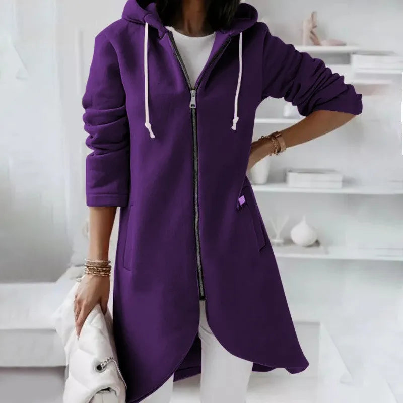 Veste Féminine Zippée Capuche Longue Décontractée