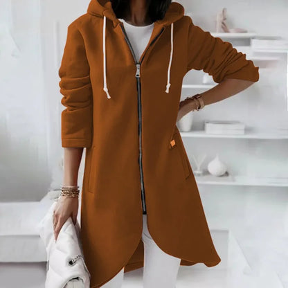 Veste Féminine Zippée Capuche Longue Décontractée