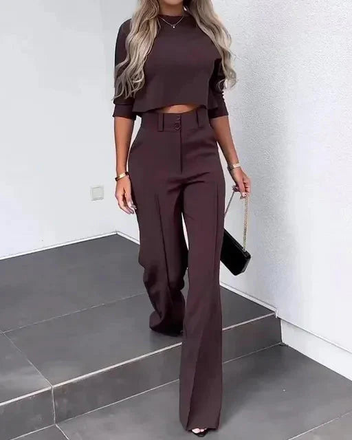 Costume Femme Élégant Col Montant Pantalon Taille Haute