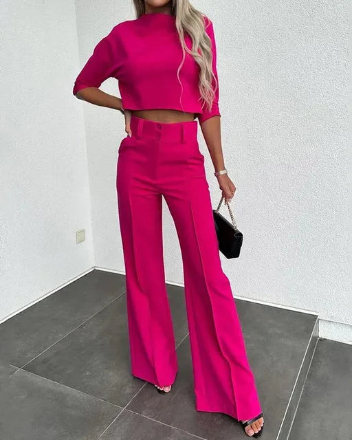 Costume Femme Élégant Col Montant Pantalon Taille Haute