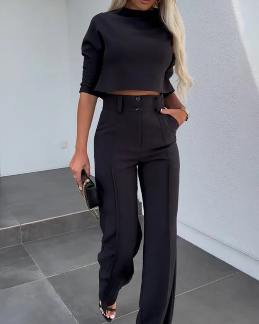Costume Femme Élégant Col Montant Pantalon Taille Haute