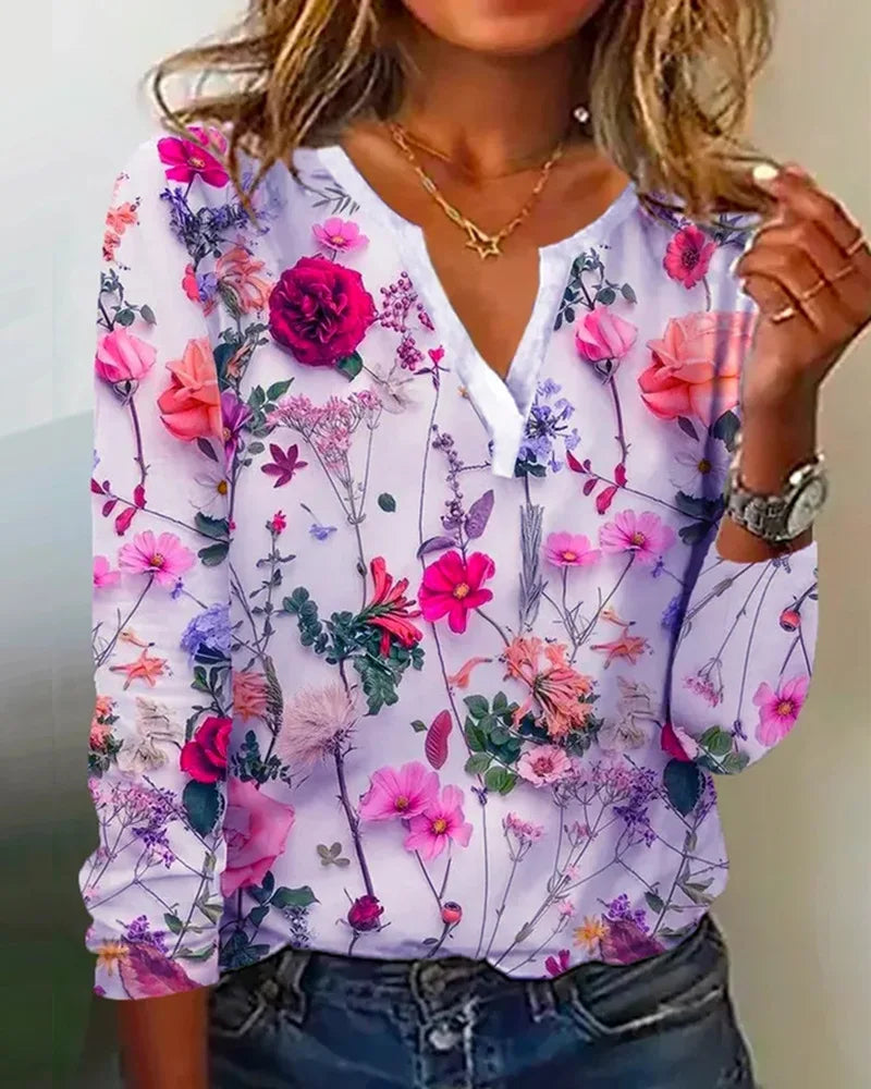 Blouse Élégante Femme – Haut Décontracté Léger avec Décolleté Profond, Manches Longues & Imprimé Floral