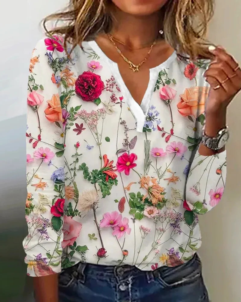 Blouse Élégante Femme – Haut Décontracté Léger avec Décolleté Profond, Manches Longues & Imprimé Floral - LuxeStyle