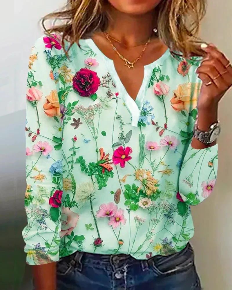 Blouse Élégante Femme – Haut Décontracté Léger avec Décolleté Profond, Manches Longues & Imprimé Floral