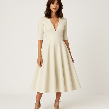 Robe Femme Chic Midi - Élégante Robe Beige Décolleté Profond pour Cérémonie