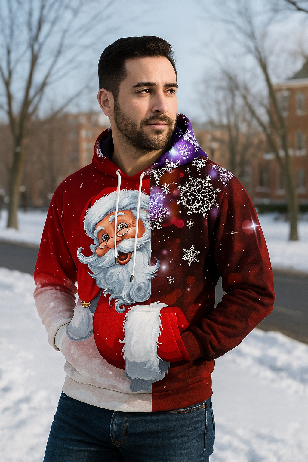 Pull d'Hiver Chic pour Homme – Sweat à Capuche Festif avec Imprimé Neige & Manches Longues