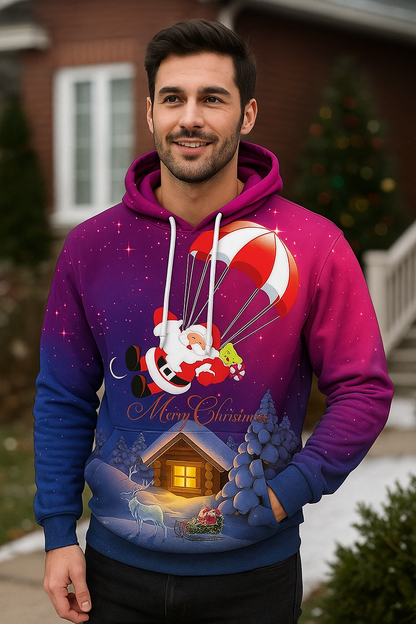 Pull d'Hiver Chic pour Homme – Sweat à Capuche Festif avec Imprimé Neige & Manches Longues