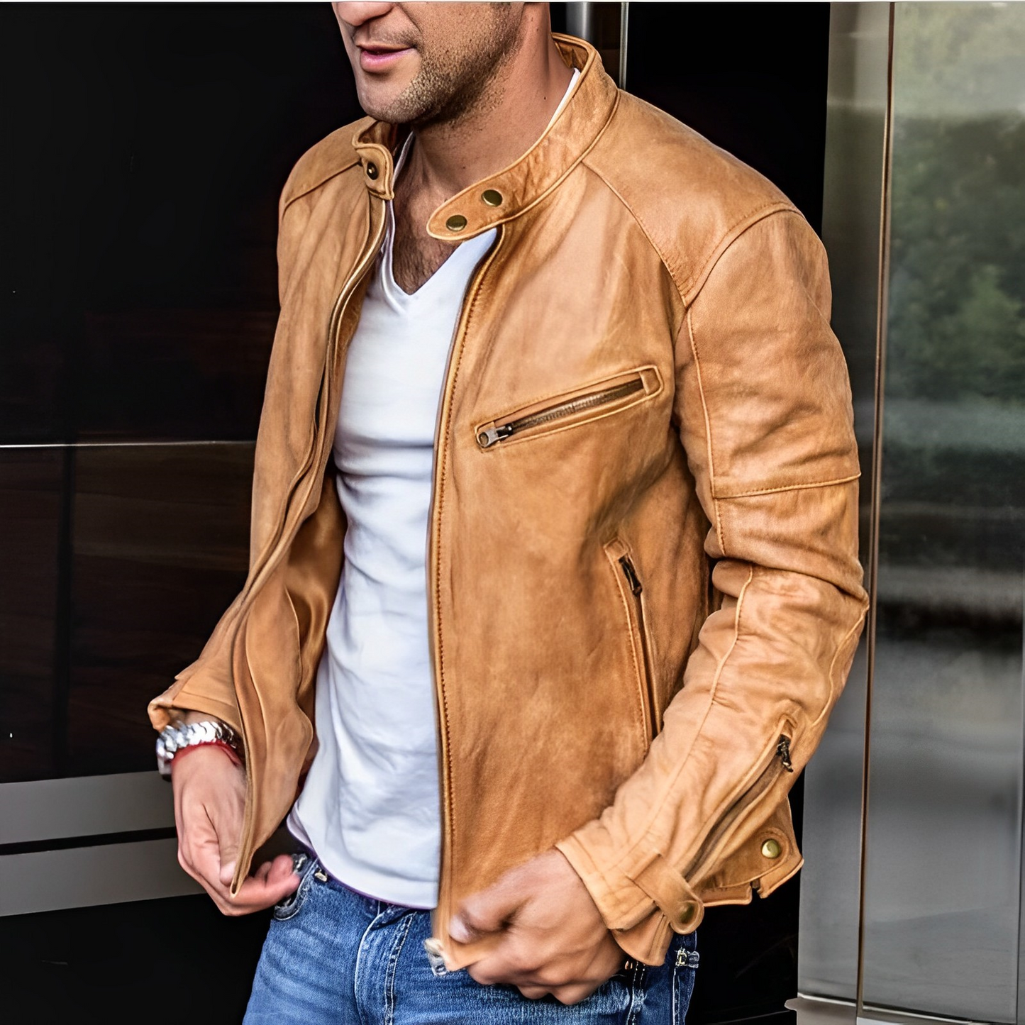 Blouson Cuir Homme Noir Élégant Fermeture Éclair
