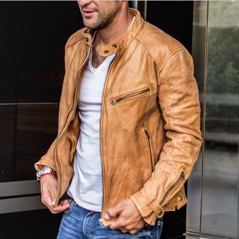 Blouson Cuir Brun Homme Éclair Zippé - LuxeStyle