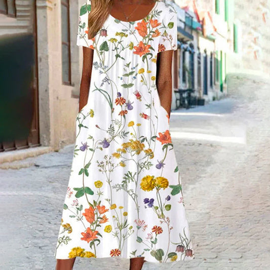 Robe Fleuri Élégante pour Femme - Col Rond et Manches Courtes - LuxeStyle
