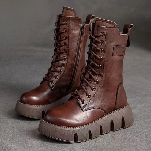 Bottes Cuir Brun Femme à Lacets Robustes - LuxeStyle