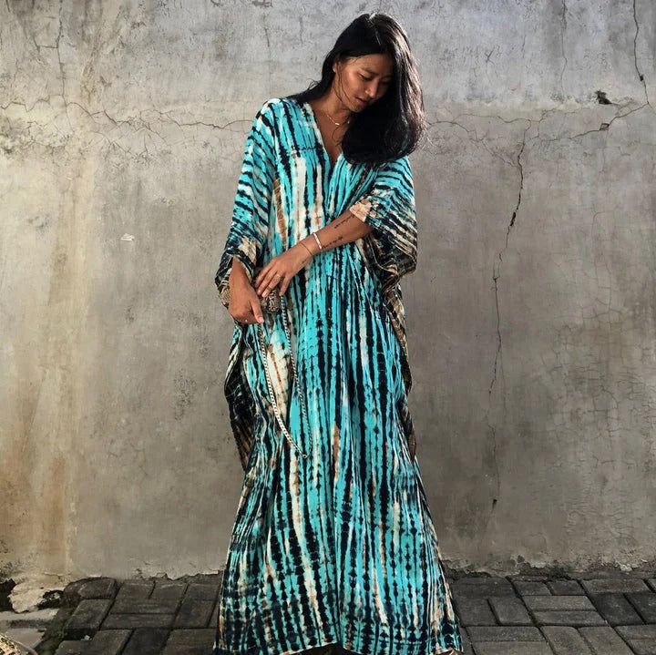 Robe Longue Été Bleue avec Imprimé Exotique pour Femme - LuxeStyle