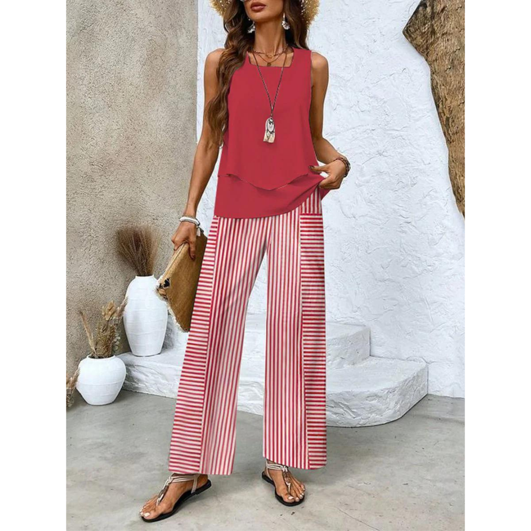 Ensemble Femme Chic Sans Manches avec Top Décontracté & Pantalon Flare