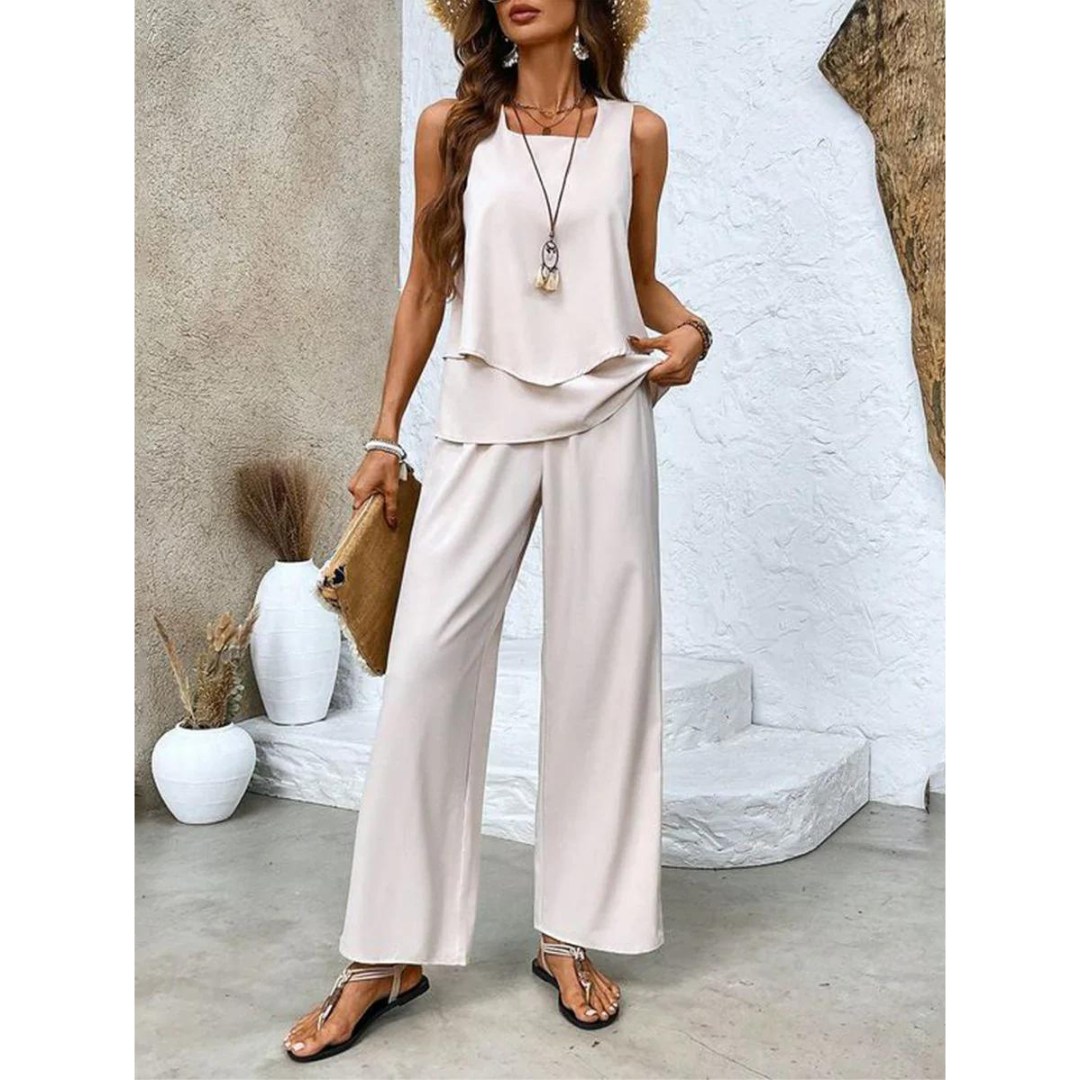 Ensemble Femme Chic Sans Manches avec Top Décontracté & Pantalon Flare