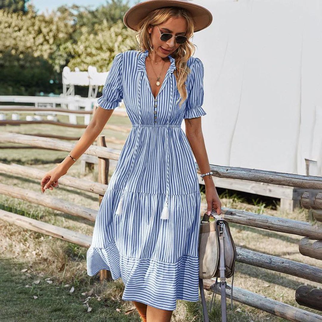 Pomelina™ – Robe Midi Femme Élégante avec Détails de Pompons et Rayures