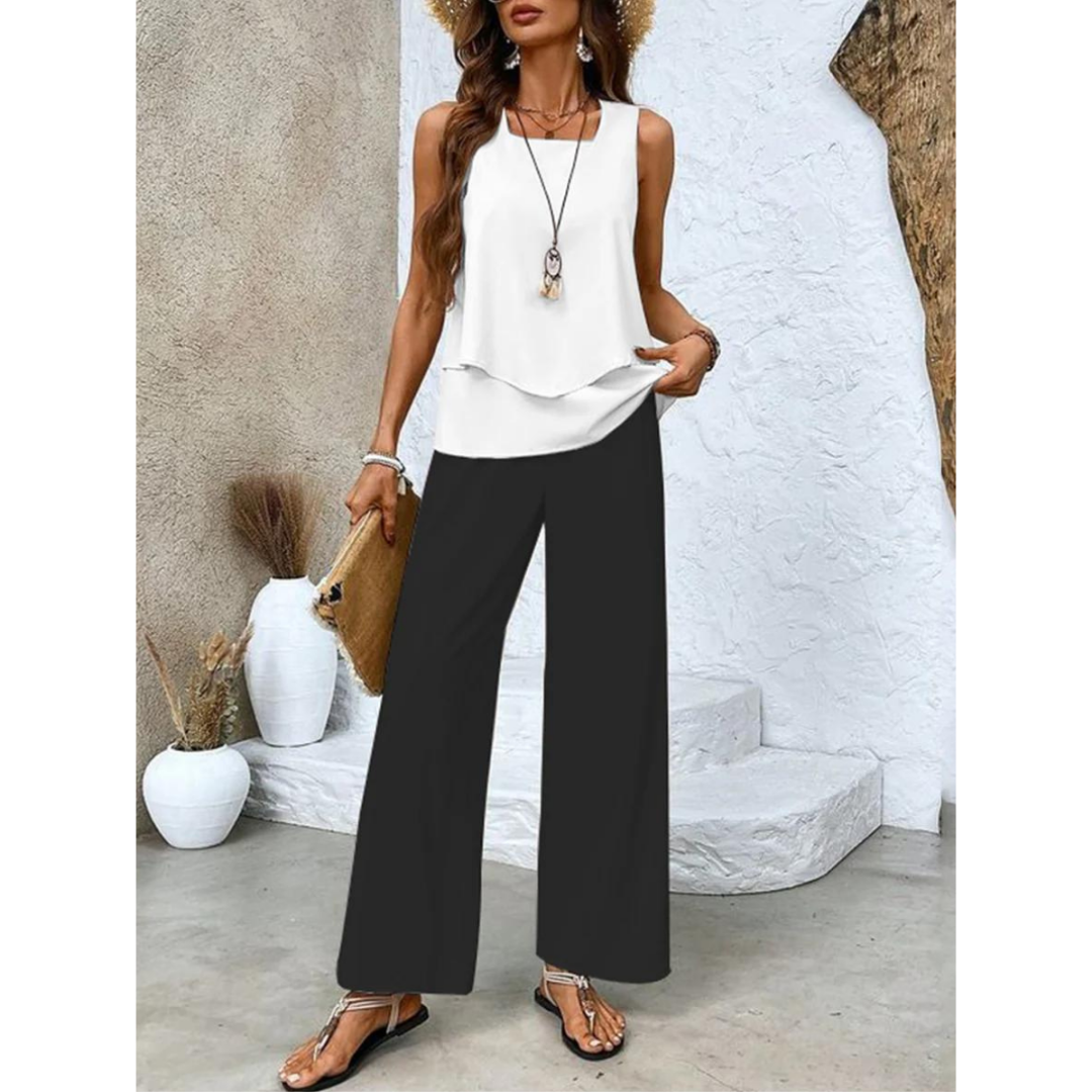 Ensemble Femme Chic Sans Manches avec Top Décontracté & Pantalon Flare