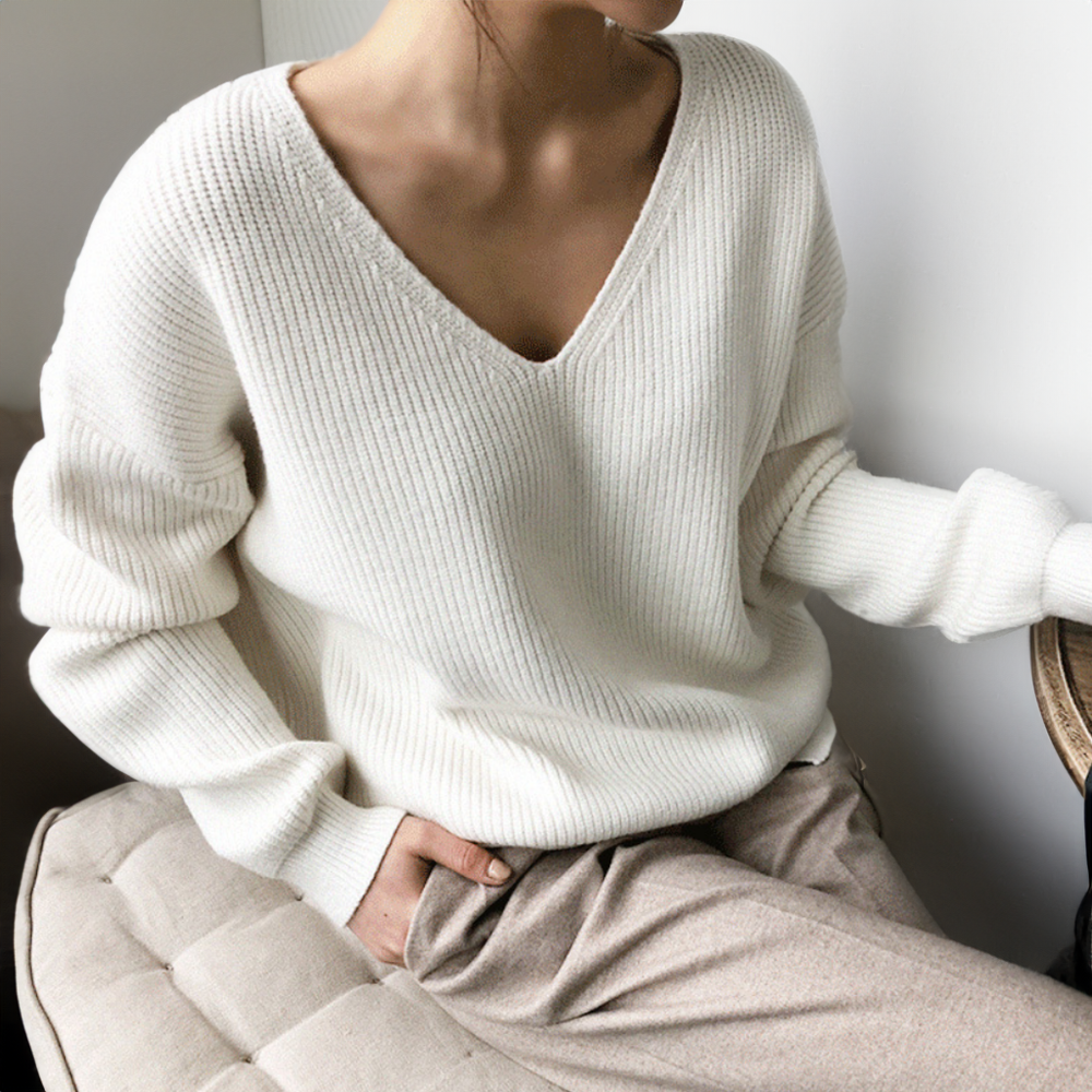 Pull Blanc Décontracté Col V pour Femme - LuxeStyle