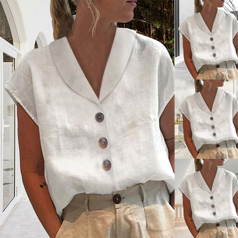 Blouse Lin Blanc Élégante Manches Courtes - LuxeStyle