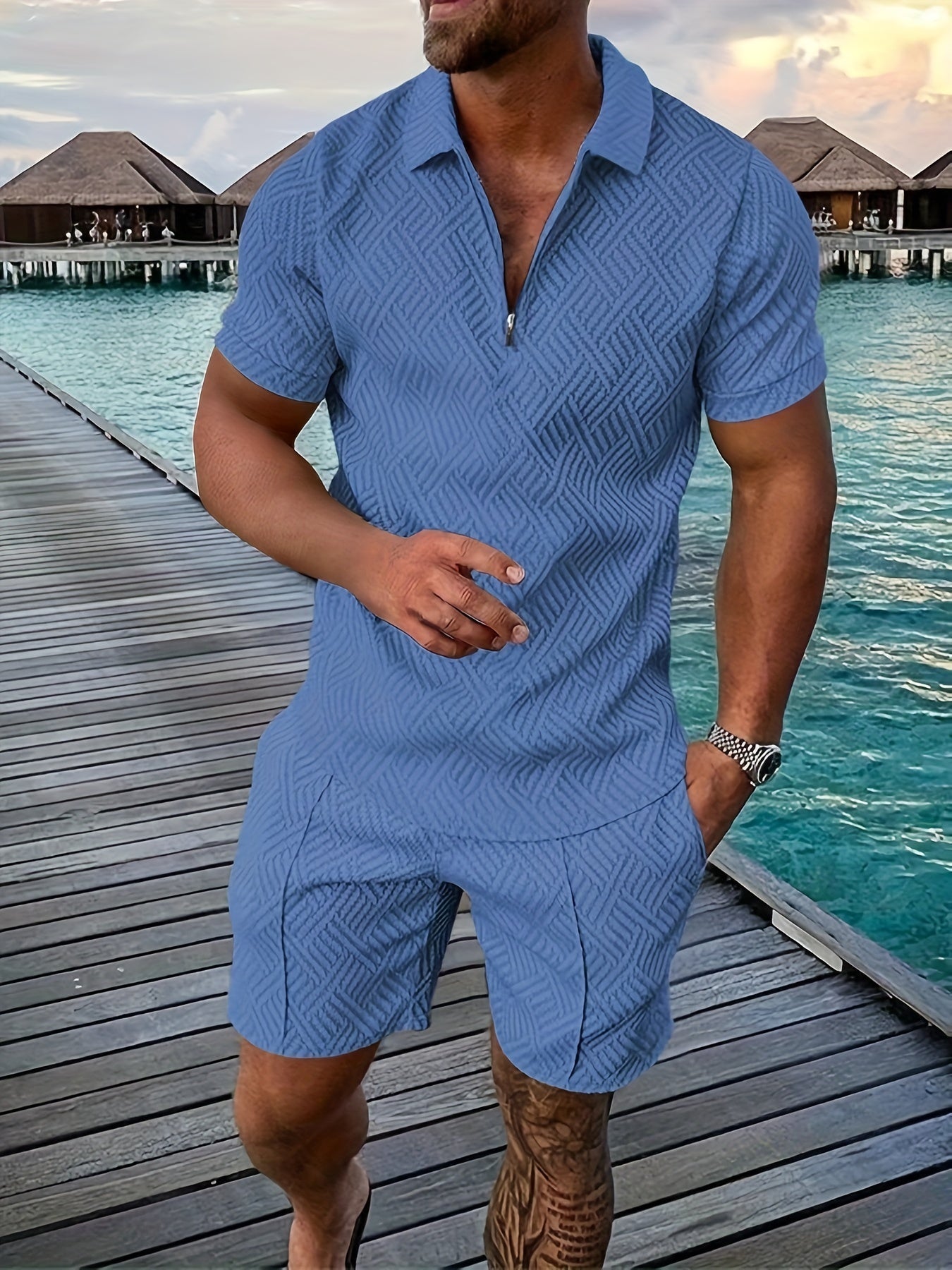 Ensemble Homme Été – Short Décontracté avec Haut Zippé & Tissu Léger