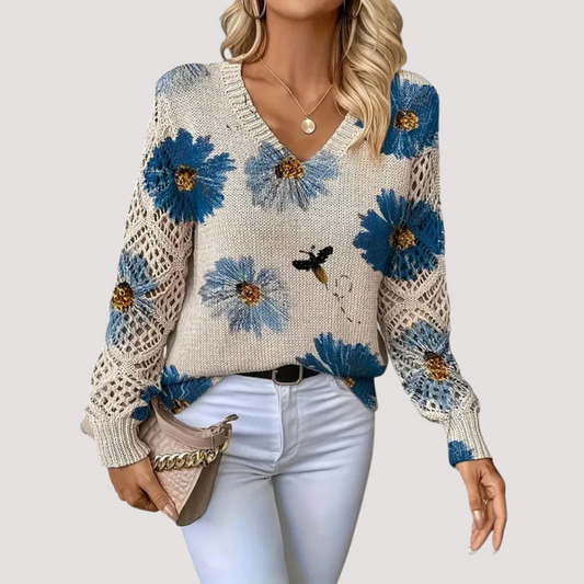 Pull Femme Décontracté - Maille Légère avec Fleur et Col Rond - LuxeStyle