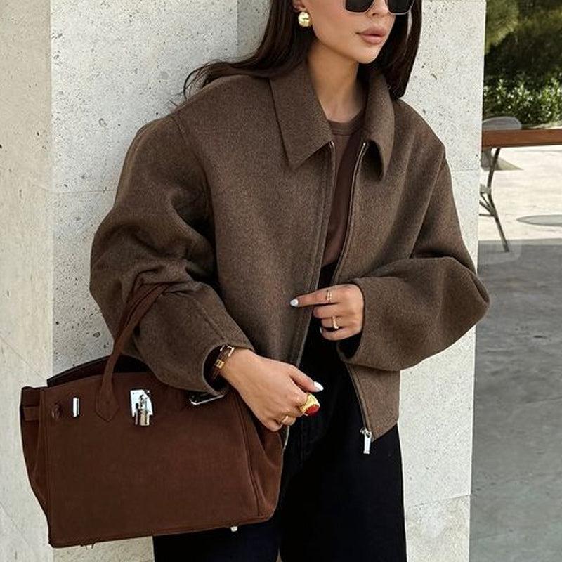 Veste hivernale douce à col en duvet avec manches longues et fermeture éclair - LuxeStyle