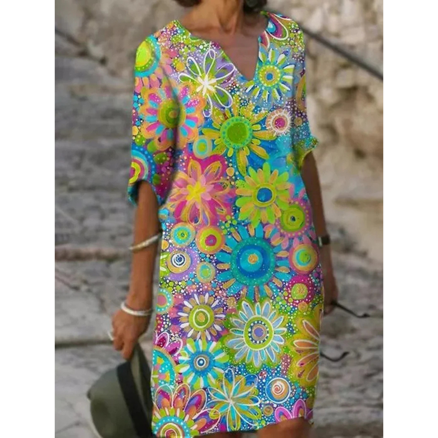 Robe Longue pour Femme à Fleurs avec Col en V