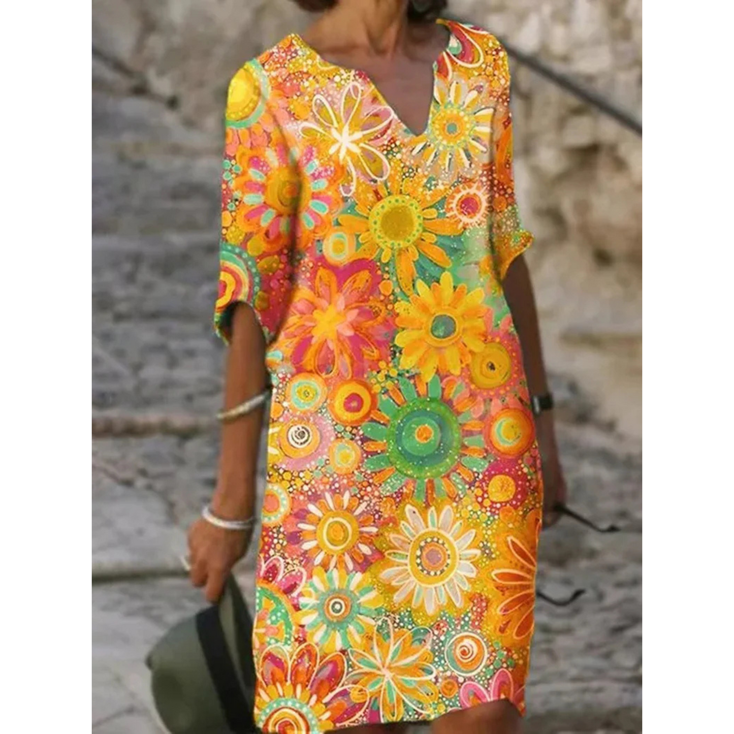Robe Longue pour Femme à Fleurs avec Col en V - luxestyle