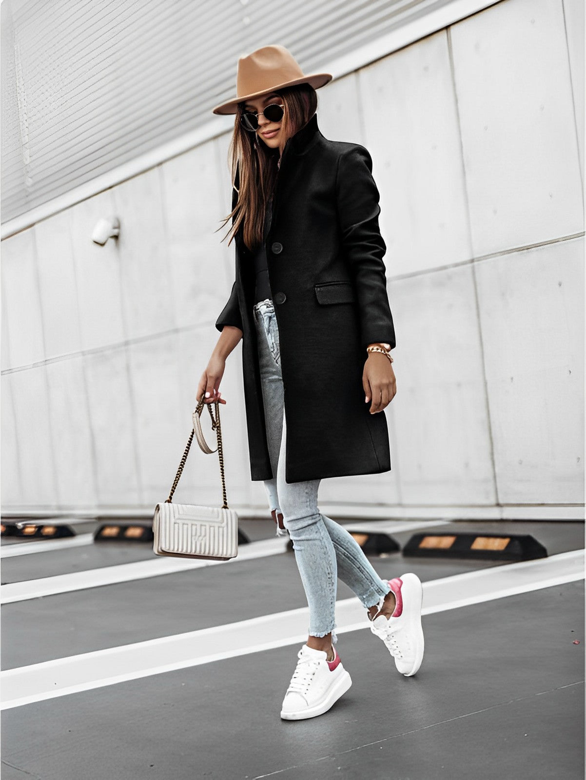Manteau Femme Châtain Chic avec Fermeture et Pochettes