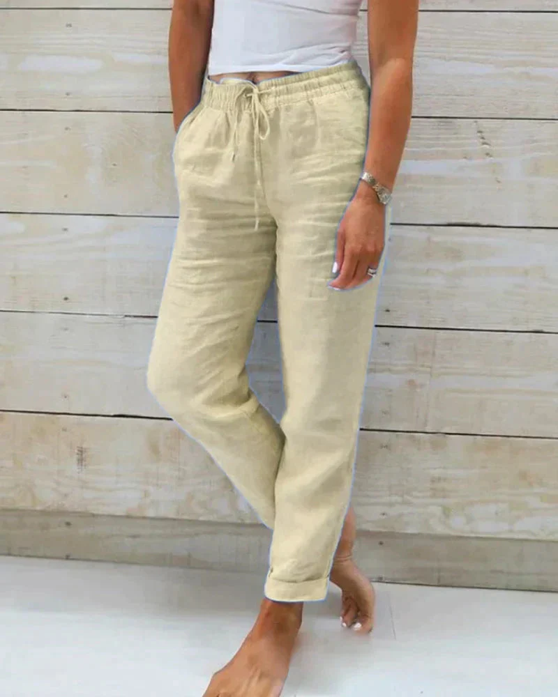 Pantalon Lin Clair Élastiqué Femme