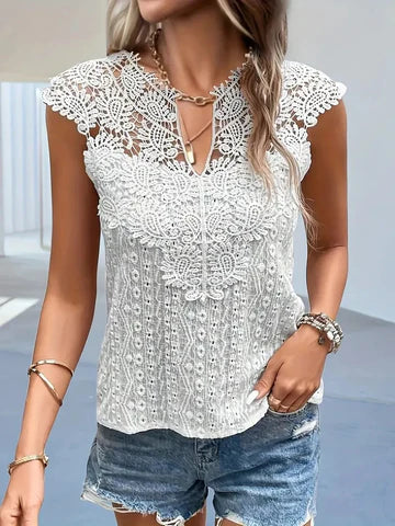 Top Féminin Dentelle Blanc Manches Courtes