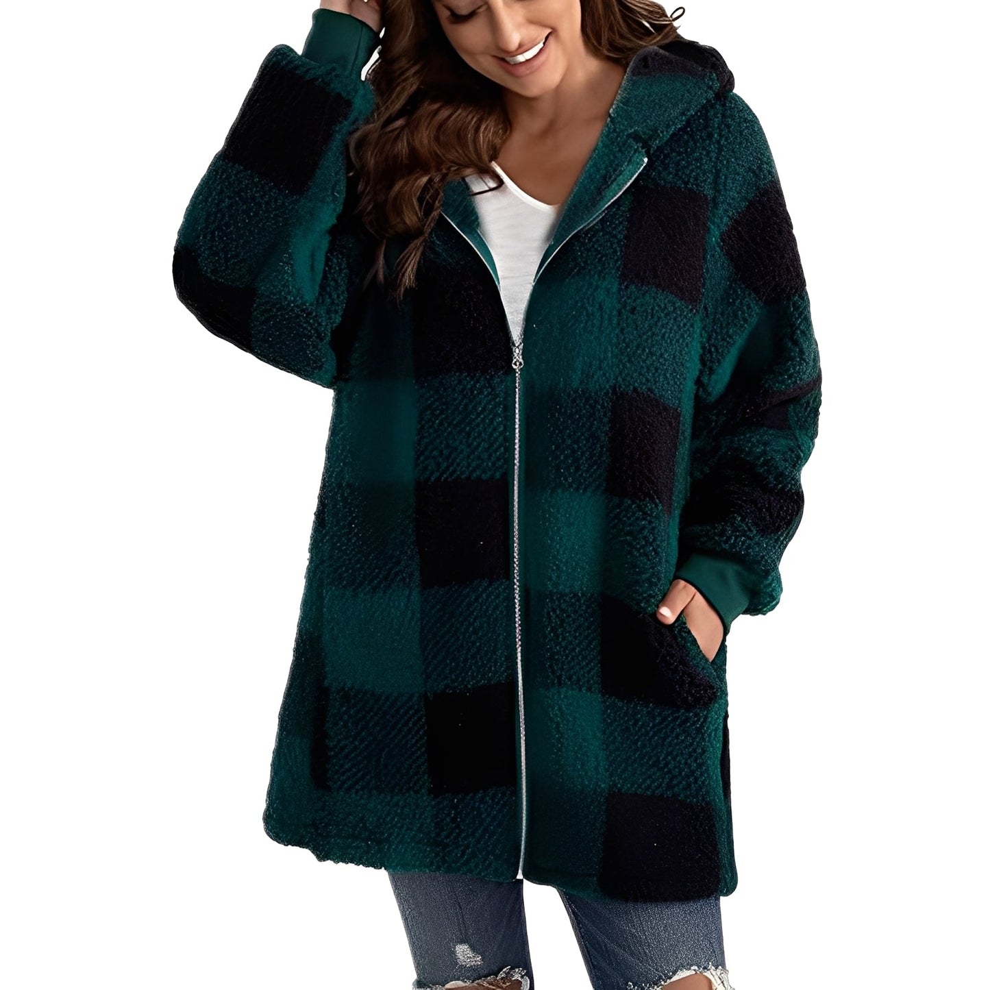 Veste à Capuche Femme Hiver Douce et Chaude à Carreaux