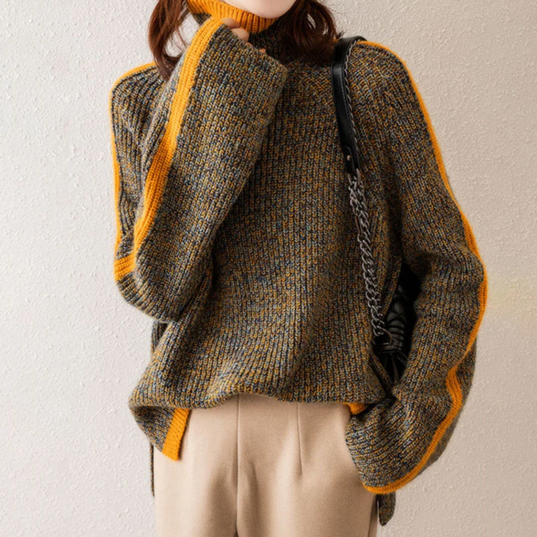 Pull Femme Laine Douce à Col Roulé Rayures Chaude