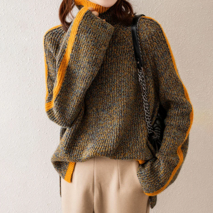 Pull Femme Laine Douce à Col Roulé Rayures Chaude