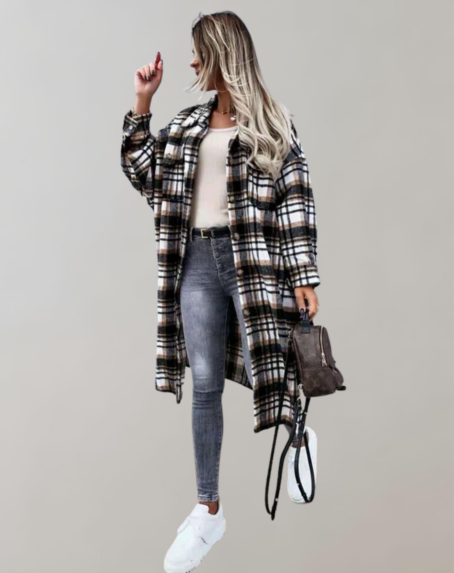 Manteau Femme Hiver Carreaux Élégant à Boutons
