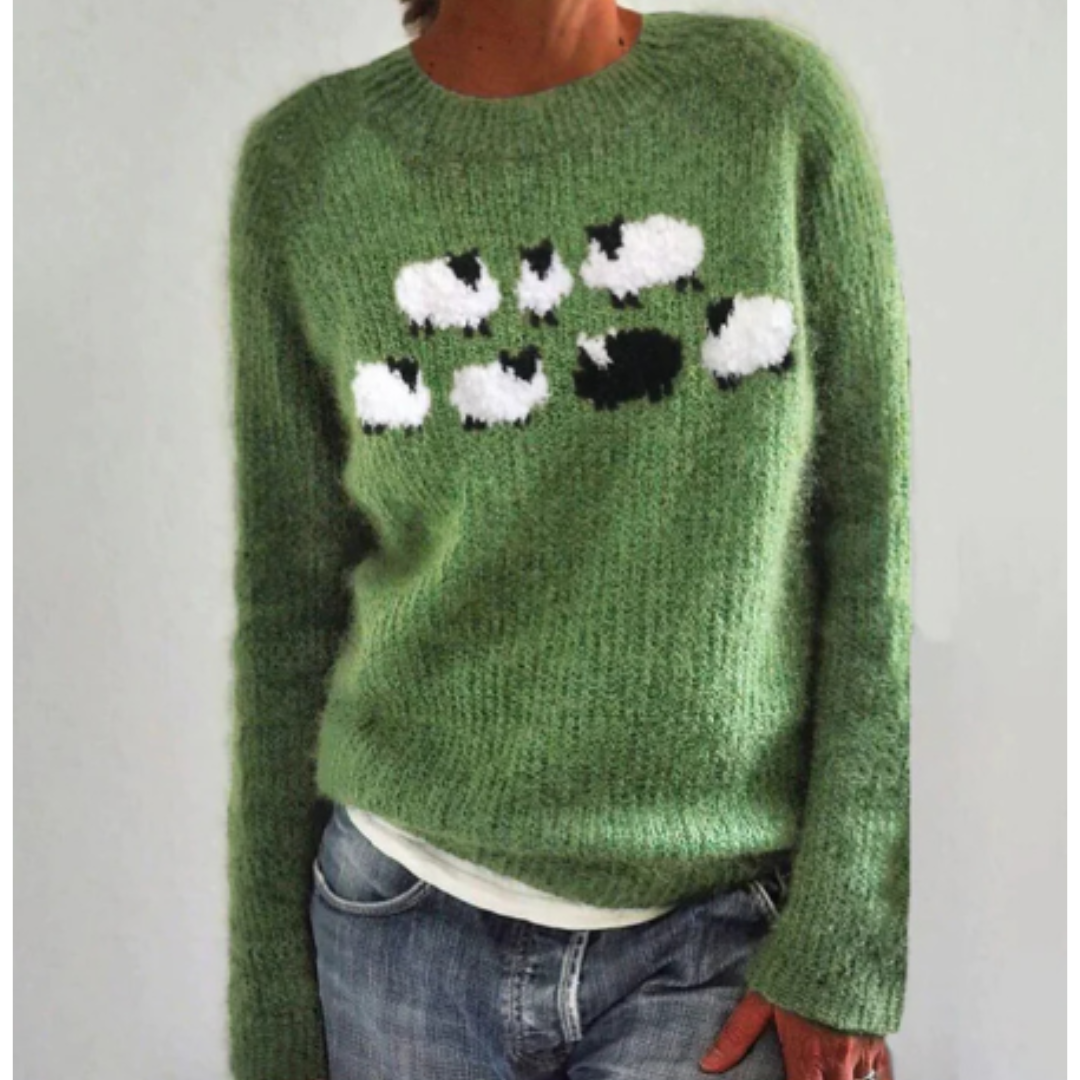 Pull Femme Hiver Laine Verte avec Moutons