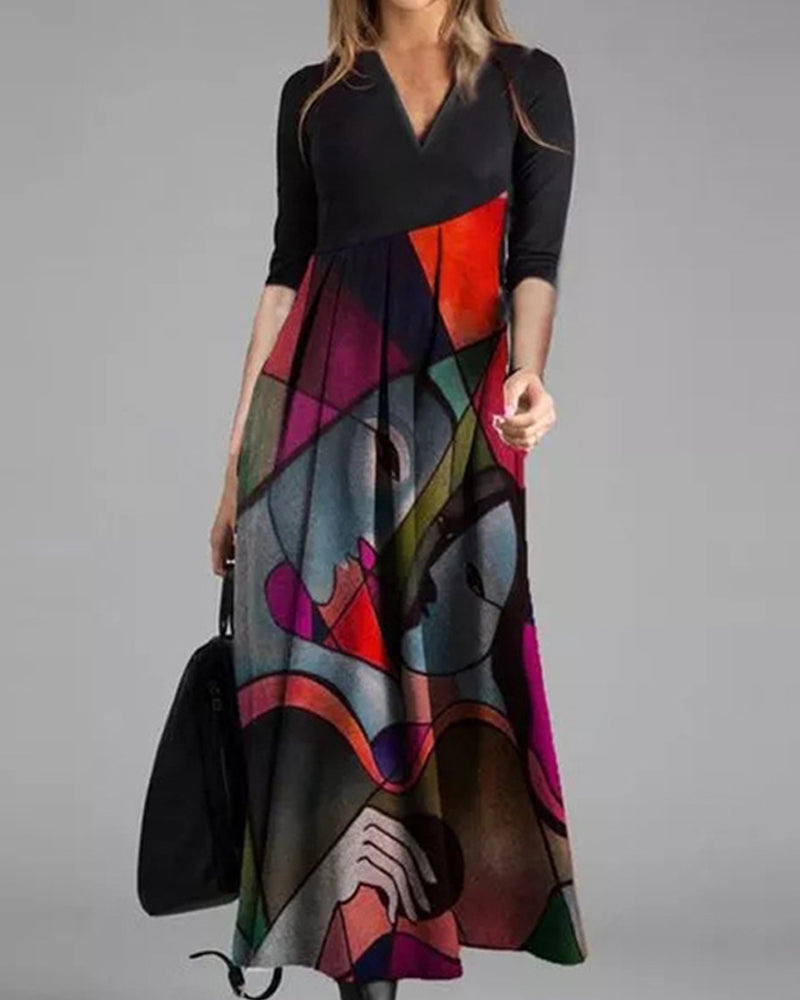 Robe Femme Chic - Robe Droite Classique à Manches Longues avec Imprimé Géométrique & Décoration Plissée