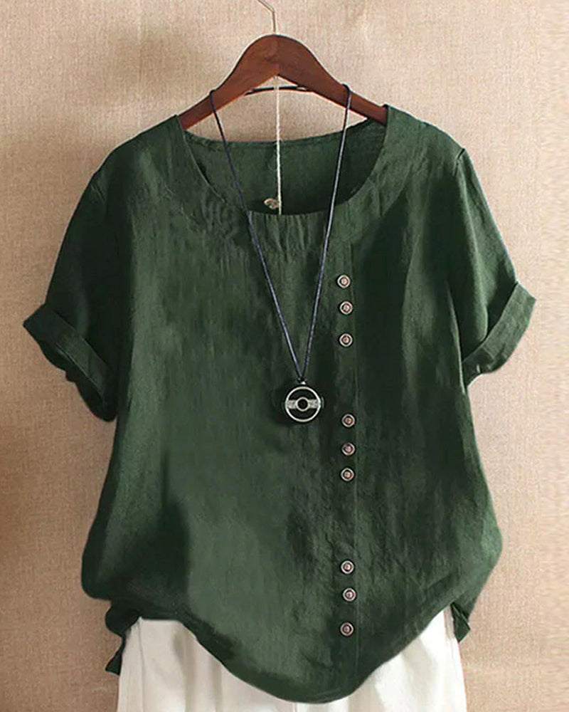 Blouse Lin Élégante Manches Courtes Boutons Féminins