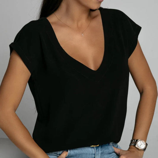 T-shirt Élégant Col V Détente Estivale - LuxeStyle