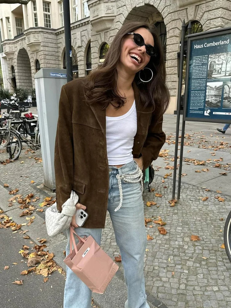 Veste cuir brun féminine élégante - LuxeStyle