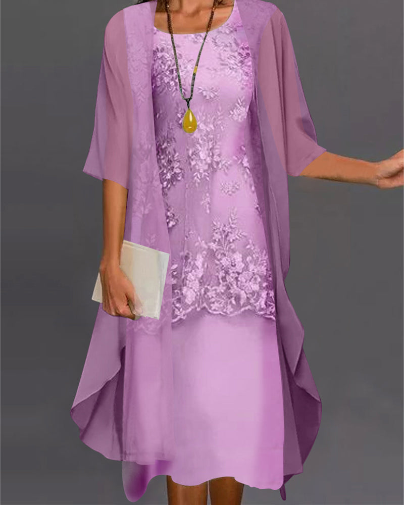 Robe Femme Chic Deux Pièces en Mousseline Dentelle