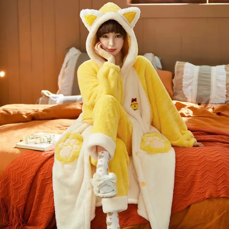 Pyjama Femme Hiver Long Coupe Décontractée avec Capuche