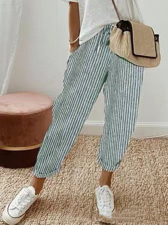 Pantalon coloré décontracté femme coton rayures