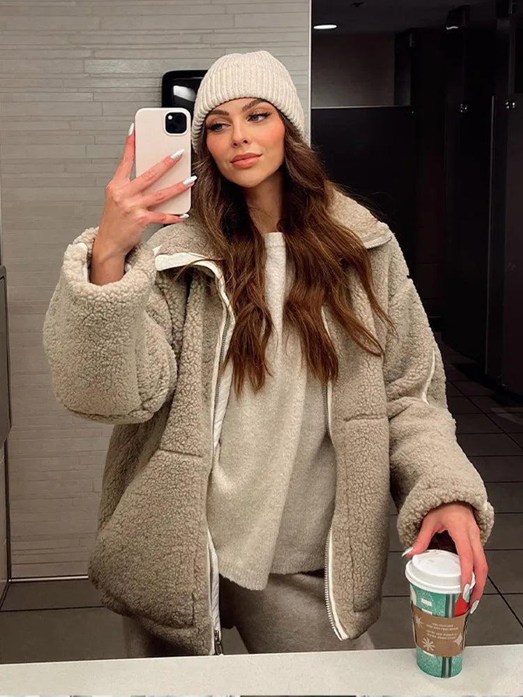 Veste Cuir Douce Femme - Manteau Élégant Chaud en Peluche avec Col Montant & Tissu Confortable