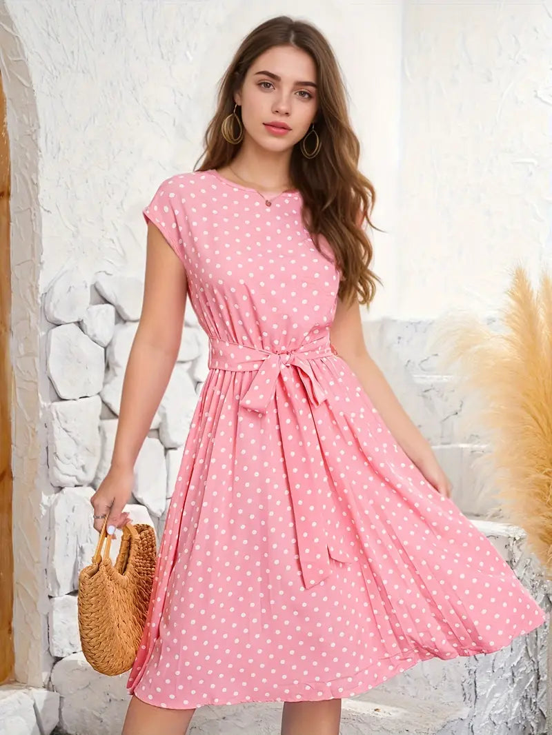 Robe Plissée Femme Élégante – Motif Pois Classique & Taille Avantageuse - LuxeStyle