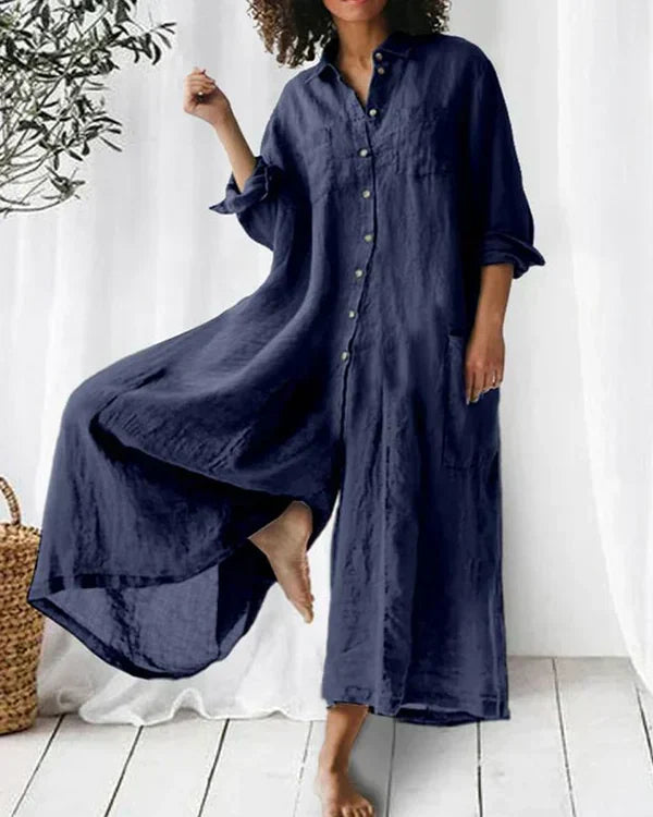 Robe Femme Lin Verte Élégante Manches Longues