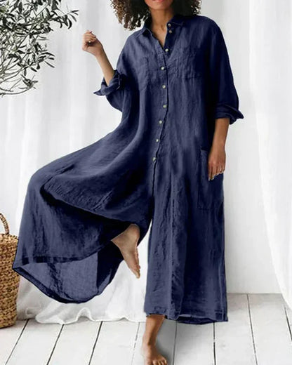 Robe Femme Lin Verte Élégante Manches Longues