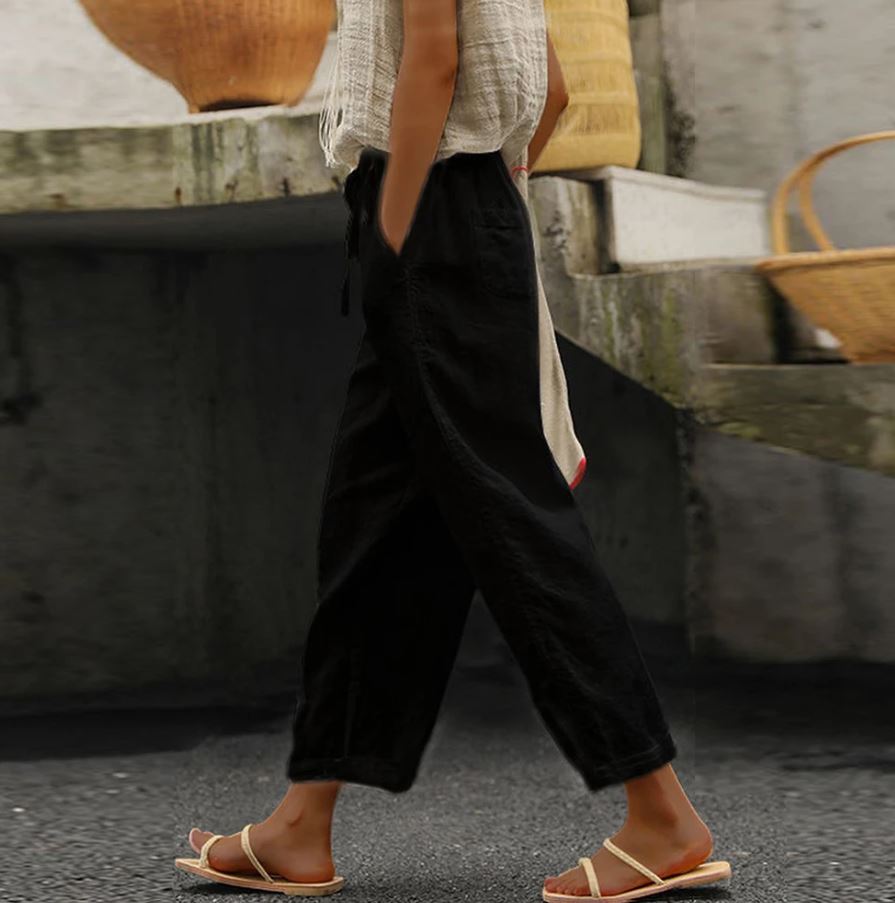Pantalon casual chic noir femme en lin - LuxeStyle