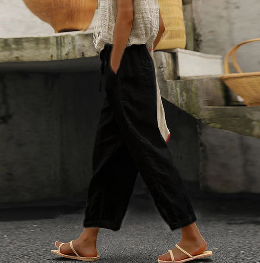 Pantalon casual chic noir femme en lin - LuxeStyle