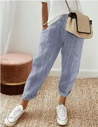 Pantalon coloré décontracté femme coton rayures