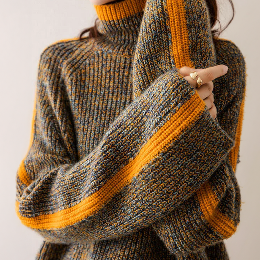 Pull Femme Laine Mérinos Col Roulé Rayures Douces - LuxeStyle